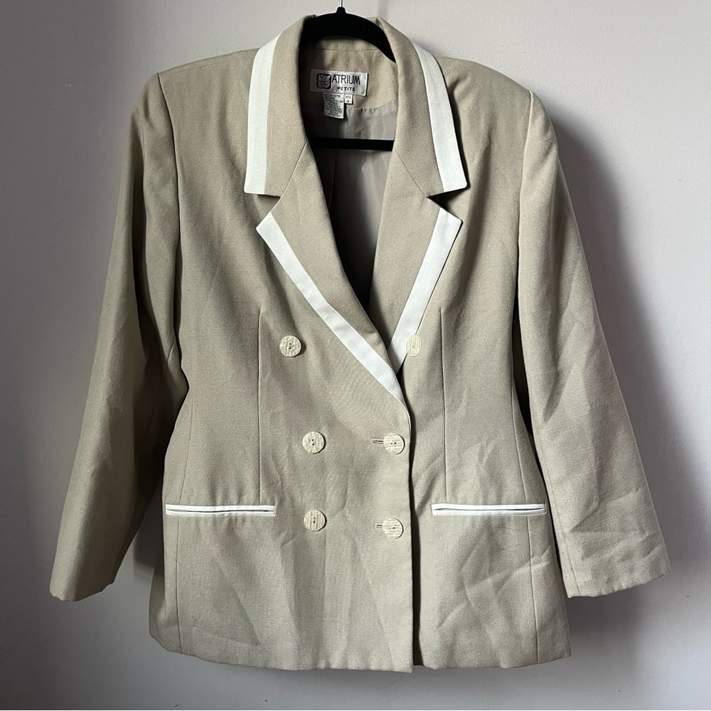 Double breasted oversize cream natural linen color blazer with white trim